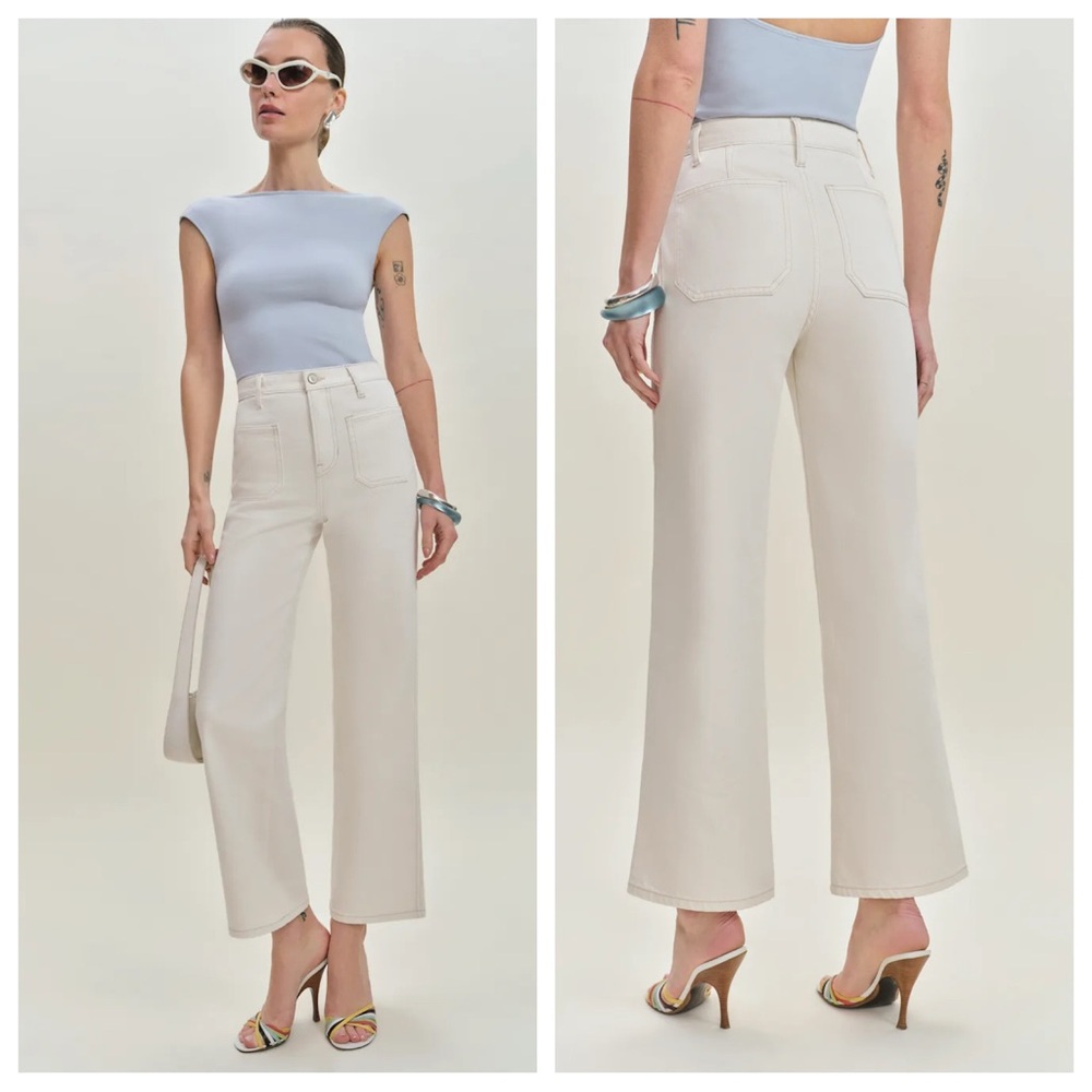 Reformation Alyssa Stretch High Rise Wide Leg Cropped Jeans Patch Pockets Cream